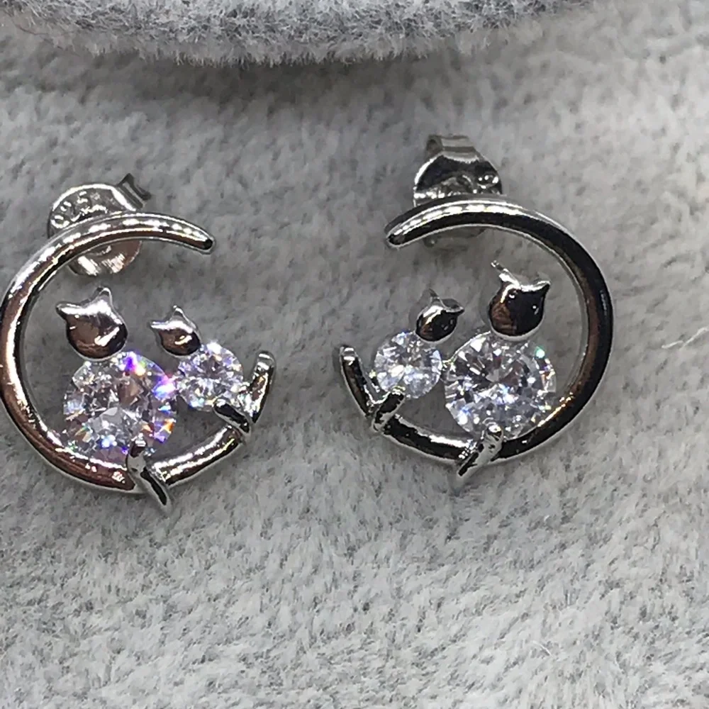 🌟 Silver Cat Moon CZ Stud Earrings